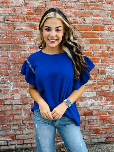 Be Your Forever Ruffle Sleeve Top • Blue-Lovely Melody-Shop Anchored Bliss Women's Boutique Clothing Store