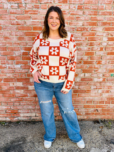 A Lively Love Flower Checkered Print Sweater • Rust-Bibi-Shop Anchored Bliss Women's Boutique Clothing Store