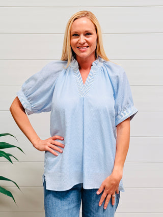 Want You To Know Chevron V-Neck Top • Blue-Umgee-Shop Anchored Bliss Women's Boutique Clothing Store