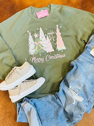 Olive Merry Christmas Trees Graphic Sweatshirt-Harps & Oli-Shop Anchored Bliss Women's Boutique Clothing Store