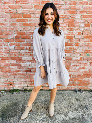 Dream Come True Striped Dress • Taupe-She+Sky-Shop Anchored Bliss Women's Boutique Clothing Store