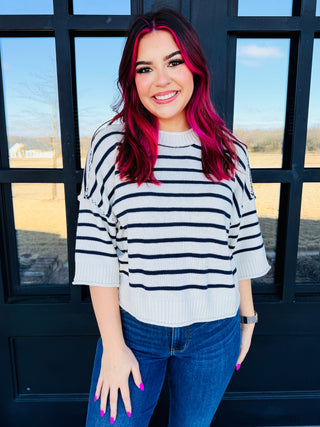 On My Mind Striped Drop Shoulder Sweater Top • Navy-Blu Pepper-Shop Anchored Bliss Women's Boutique Clothing Store