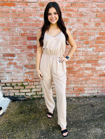 At First Glance V-Neck Jumpsuit • Beige-Andree by Unit-Shop Anchored Bliss Women's Boutique Clothing Store