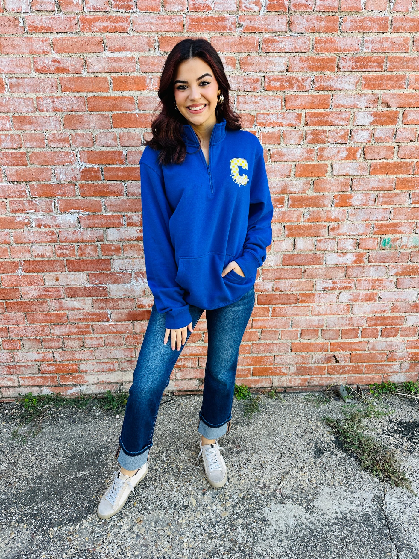 Community Braves Checkered Quarter Zip Pullover Sweatshirt • Blue-Harps & Oli-Shop Anchored Bliss Women's Boutique Clothing Store