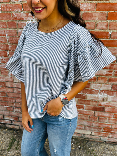 Stuck On You Striped Ruffle Sleeve Top • Black-Umgee-Shop Anchored Bliss Women's Boutique Clothing Store