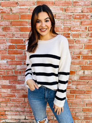 Keep You Guessing Striped Sweater • Ivory-Bibi-Shop Anchored Bliss Women's Boutique Clothing Store