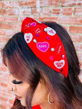 Conversation Heart Rhinestone & Beaded Headband • Red-DMC-Shop Anchored Bliss Women's Boutique Clothing Store