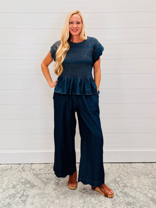 Simply Irresistible Chambray Scalloped Peplum Top and Pant Set • Denim-Umgee-Shop Anchored Bliss Women's Boutique Clothing Store