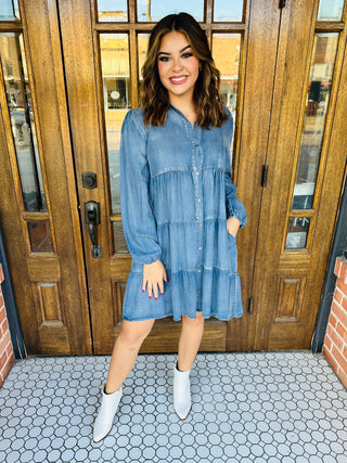 According To You Long Sleeve Denim Dress-She+Sky-Shop Anchored Bliss Women's Boutique Clothing Store