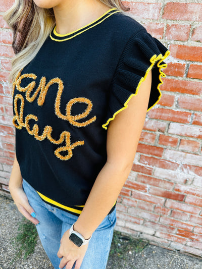 Game Day Metallic Ruffle Sleeve Top • Black & Gold-Bibi-Shop Anchored Bliss Women's Boutique Clothing Store