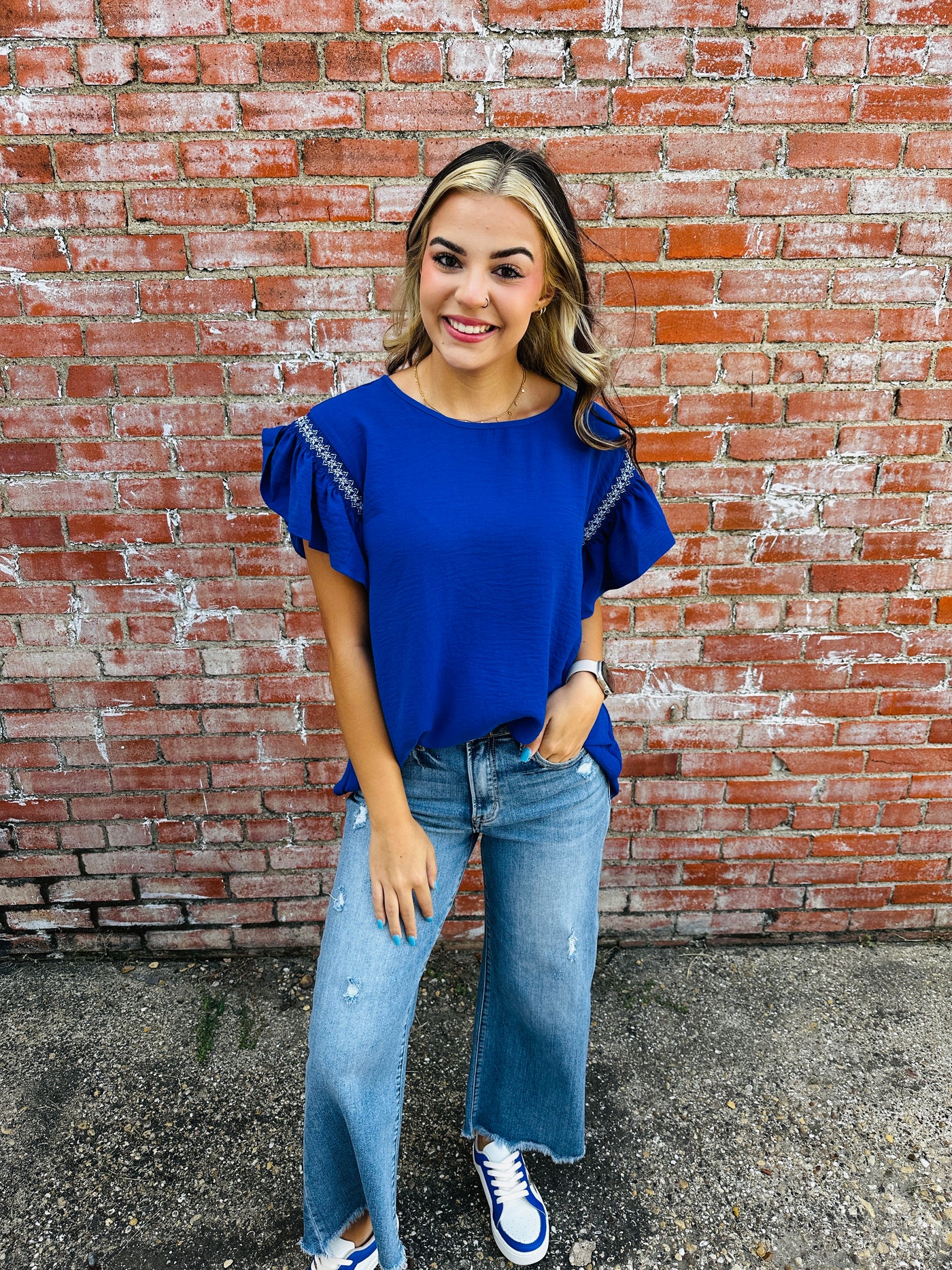 Be Your Forever Ruffle Sleeve Top • Blue-Lovely Melody-Shop Anchored Bliss Women's Boutique Clothing Store