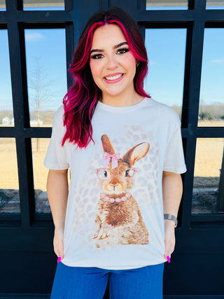 Studious Bunny Rhinestone Leopard Graphic Tee-DMC-Shop Anchored Bliss Women's Boutique Clothing Store