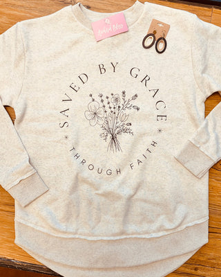 Saved by Grace Through Faith Sweatshirt • Oatmeal-Harps & Oli-Shop Anchored Bliss Women's Boutique Clothing Store