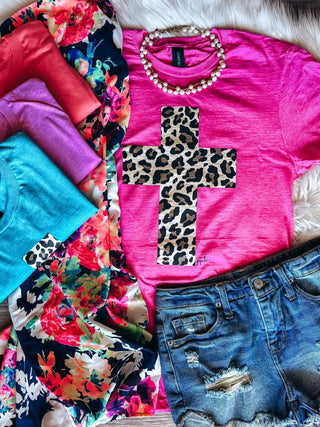 Leopard Print Cross Graphic Tee-PPTX-Shop Anchored Bliss Women's Boutique Clothing Store