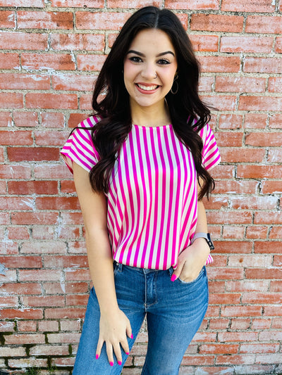 Given the Chance Striped Cap Sleeve Blouse • Hot Pink-Tracy Zelenuk-Shop Anchored Bliss Women's Boutique Clothing Store