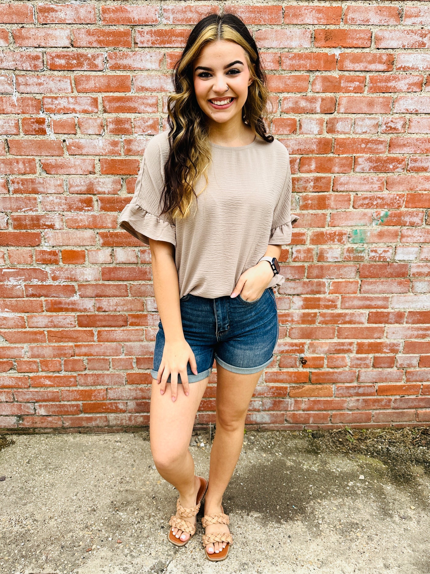 Having a Good Day Ruffle Sleeve Top • Mocha-Zenana-Shop Anchored Bliss Women's Boutique Clothing Store