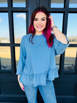 You Go Girl Ruffle Bottom Acid Washed Tunic Top • Blue-Easel-Shop Anchored Bliss Women's Boutique Clothing Store