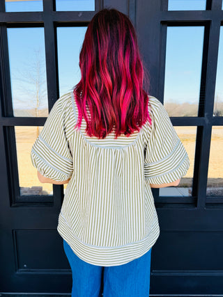 Stir it Up Striped Puff Sleeve Babydoll Top • Green-Umgee-Shop Anchored Bliss Women's Boutique Clothing Store
