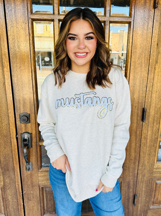 Mustangs Cursive White & Gold Sequin Patch Sweatshirt-Harps & Oli-Shop Anchored Bliss Women's Boutique Clothing Store