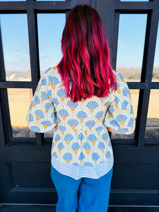 I'll Be There Half Sleeve Woven & Stripe Print Top • Blue-She+Sky-Shop Anchored Bliss Women's Boutique Clothing Store