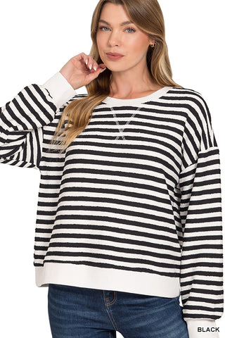 What's Going On Striped Pullover • Black-Zenana-Shop Anchored Bliss Women's Boutique Clothing Store