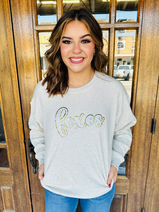 Foxes Cursive White & Gold Sequin Patch Sweatshirt-Harps & Oli-Shop Anchored Bliss Women's Boutique Clothing Store
