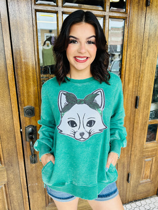 Bandana Fox Sequin Patch Mineral Washed Sweatshirt • Green-Harps & Oli-Shop Anchored Bliss Women's Boutique Clothing Store