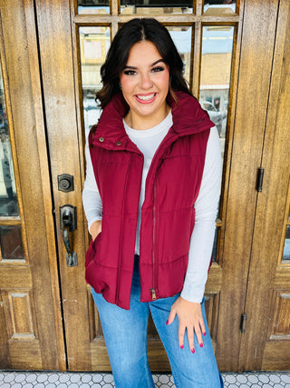 Caught Feelings Solid Zip Up Puffer Vest • Burgundy-Blu Pepper-Shop Anchored Bliss Women's Boutique Clothing Store