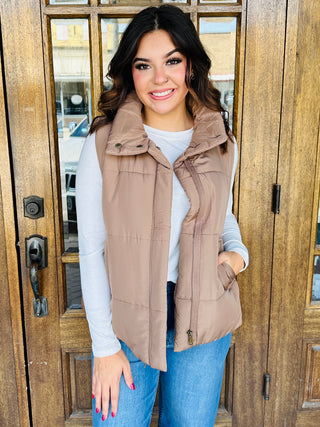 Caught Feelings Solid Zip Up Puffer Vest • Cocoa-Blu Pepper-Shop Anchored Bliss Women's Boutique Clothing Store