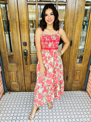 Center of Attention Smocked Floral Midi Dress • Red-Blu Pepper-Shop Anchored Bliss Women's Boutique Clothing Store
