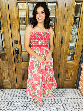 Center of Attention Smocked Floral Midi Dress • Red-Blu Pepper-Shop Anchored Bliss Women's Boutique Clothing Store
