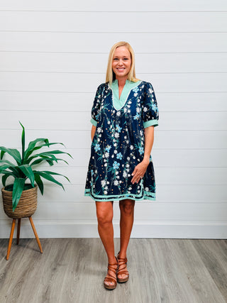Chasing Sunshine Floral Puff Sleeve Mini Dress • Navy-Umgee-Shop Anchored Bliss Women's Boutique Clothing Store