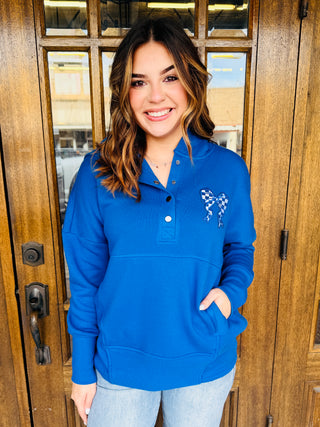 Checkered Bow Hooded Pullover Sweatshirt • Blue-Harps & Oli-Shop Anchored Bliss Women's Boutique Clothing Store
