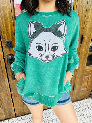 Bandana Fox Sequin Patch Mineral Washed Sweatshirt • Green-Harps & Oli-Shop Anchored Bliss Women's Boutique Clothing Store