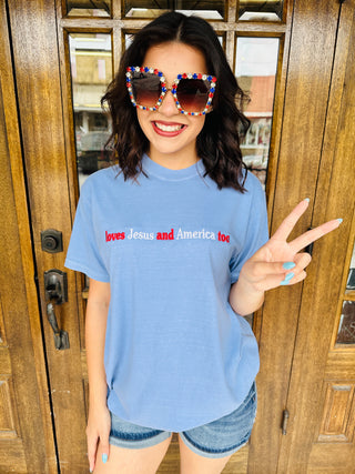 Loves Jesus and America Too Embroidered Tee-Harps & Oli-Shop Anchored Bliss Women's Boutique Clothing Store