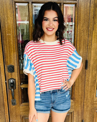 Stripes of Glory Color Block Oversized Top-Peach Love-Shop Anchored Bliss Women's Boutique Clothing Store