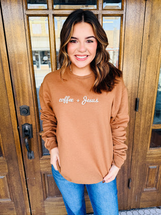 Coffee + Jesus Embroidered Sweatshirt-Harps & Oli-Shop Anchored Bliss Women's Boutique Clothing Store