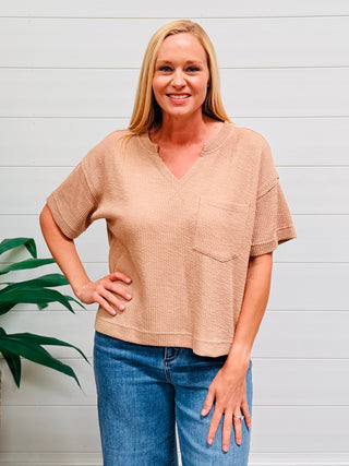 Come Back For More Ribbed V-Neck Knit Top • Khaki-Blu Pepper-Shop Anchored Bliss Women's Boutique Clothing Store