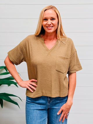 Come Back For More Ribbed V-Neck Knit Top • Olive-Blu Pepper-Shop Anchored Bliss Women's Boutique Clothing Store