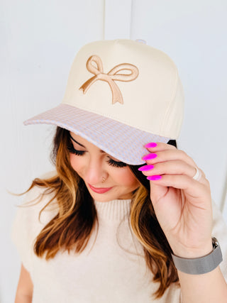 Coquette Bow Embroidered Tan Gingham Hat-Hart & Hollow-Shop Anchored Bliss Women's Boutique Clothing Store
