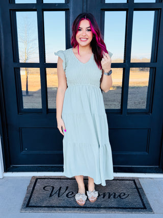 Count on You Flutter Sleeve V Neck Smocked Midi Dress • Sage Green-Blu Pepper-Shop Anchored Bliss Women's Boutique Clothing Store