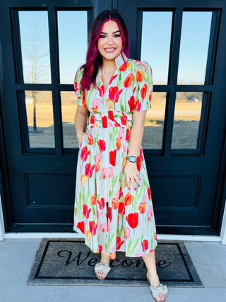 Enjoy the Day Floral Print Smocked Waist Midi Dress • Cream-Entro-Shop Anchored Bliss Women's Boutique Clothing Store