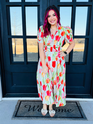 Enjoy the Day Floral Print Smocked Waist Midi Dress • Cream-Entro-Shop Anchored Bliss Women's Boutique Clothing Store