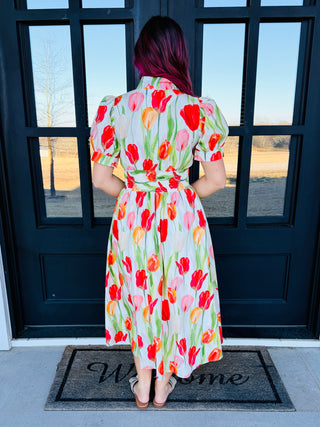 Enjoy the Day Floral Print Smocked Waist Midi Dress • Cream-Entro-Shop Anchored Bliss Women's Boutique Clothing Store