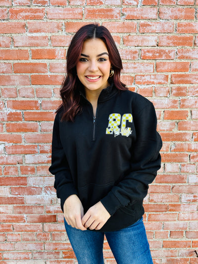 Royse City Bulldogs Checkered Quarter Zip Pullover Sweatshirt • Black-Harps & Oli-Shop Anchored Bliss Women's Boutique Clothing Store