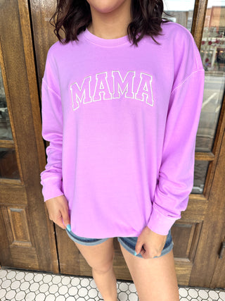 Mama Curved Block Embroidered Graphic Sweatshirt • Neon Purple-Harps & Oli-Shop Anchored Bliss Women's Boutique Clothing Store