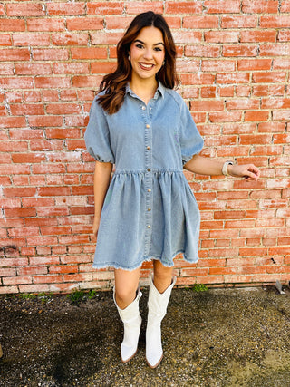 Let Me Adore You Denim Button Down Dress • Medium Wash-Bibi-Shop Anchored Bliss Women's Boutique Clothing Store