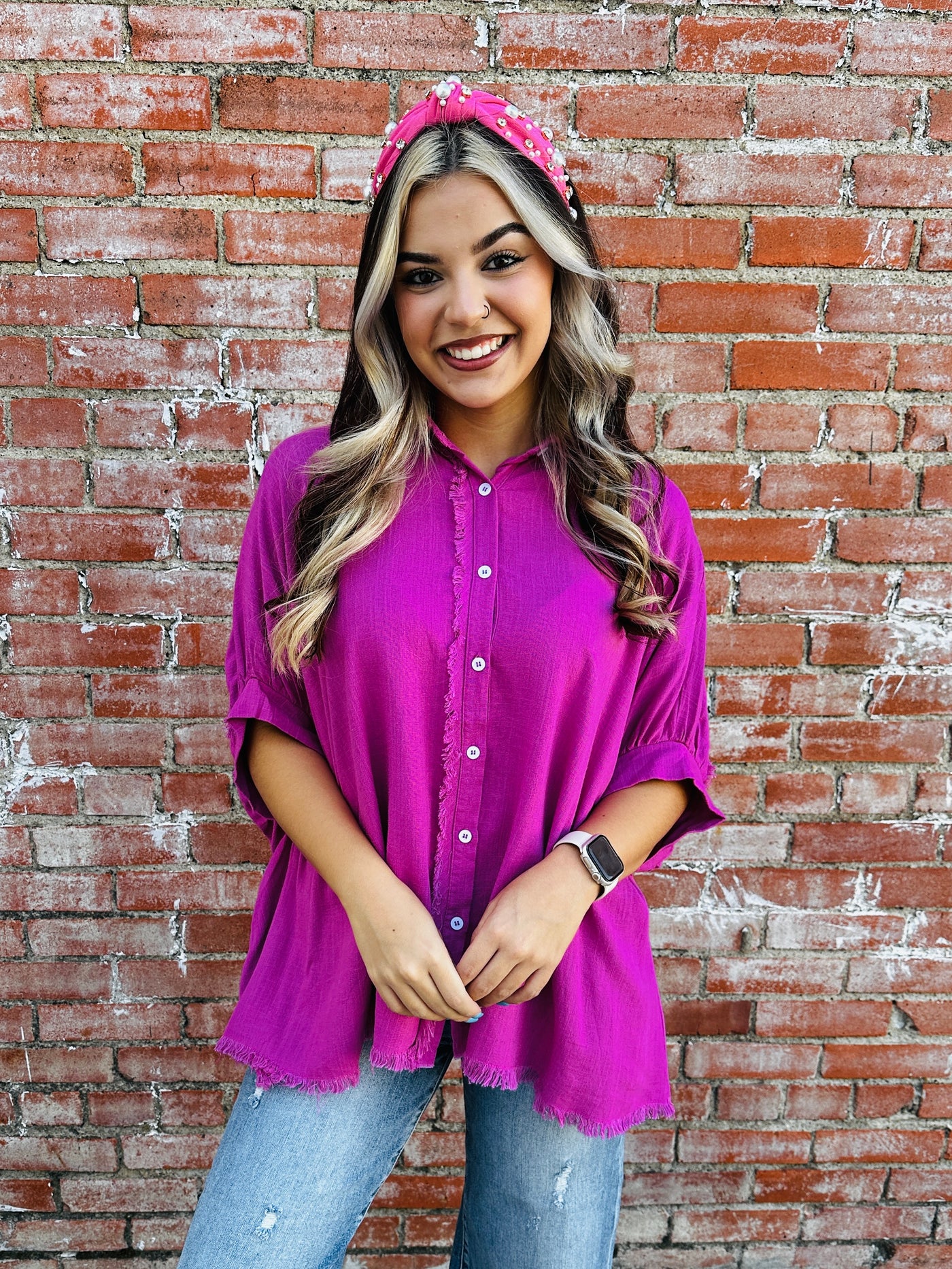 Cheering You On Button Down Top • Magenta-Tracy Zelenuk-Shop Anchored Bliss Women's Boutique Clothing Store