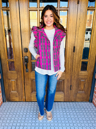 Got a Feeling Plaid Ruffle Sleeve Vest • Pink-Top it Off-Shop Anchored Bliss Women's Boutique Clothing Store