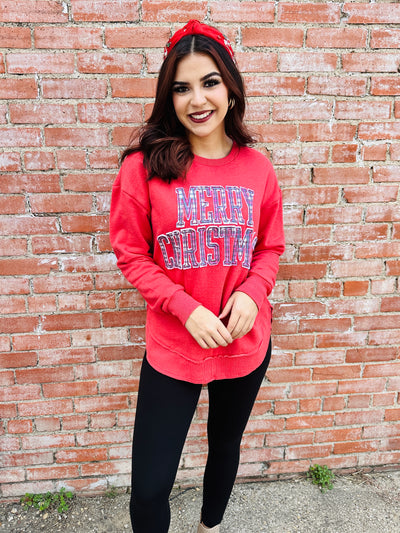 Plaid Merry Christmas Crew Neck Sweatshirt-Royce Apparel-Shop Anchored Bliss Women's Boutique Clothing Store